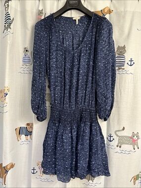 Joie Navy Blue Printed Smocked-Waist Long Sleeve Dress